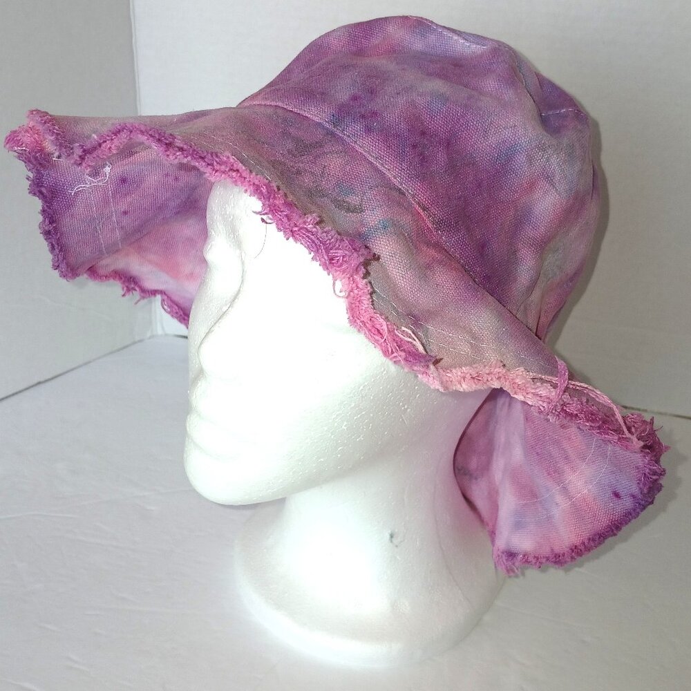 Hand Dyed Kid's Bucket Hat In Berry Pink With Frayed Edge Brim for Summer NWT